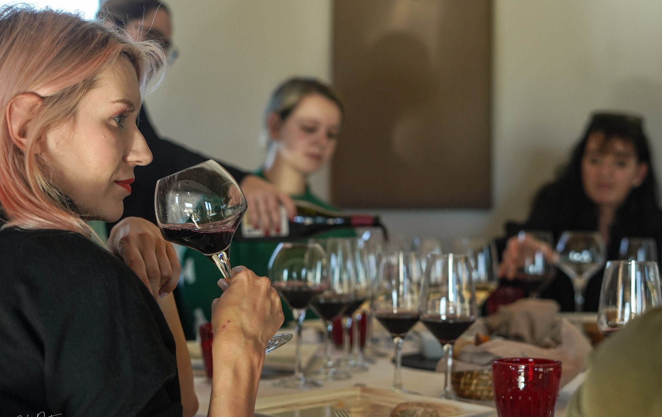 Guests tasting red wine along a long table.